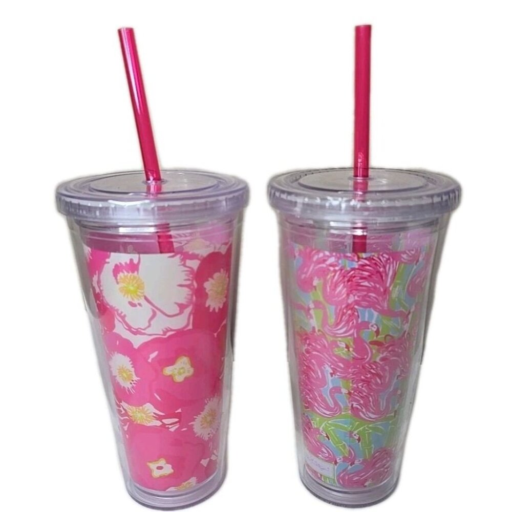 Lilly Pulitzer 24 oz Set Of 2 Pink Flamingo Floral Tumbler BPA Free Straw Cup